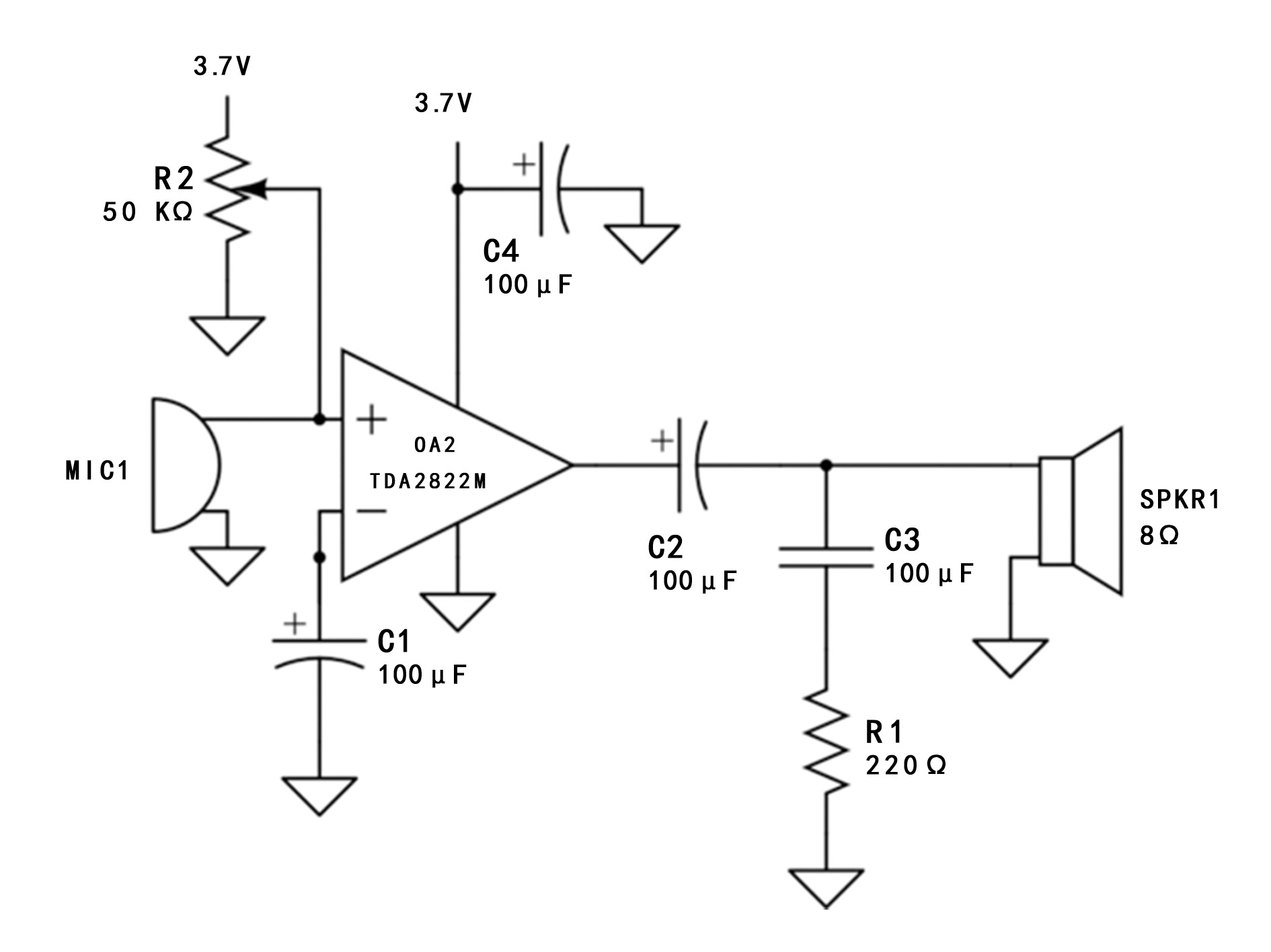 TDA2822M microphone amplifier circuit